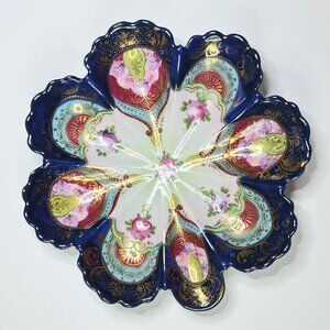 Antique Japanese Satsuma Oyster Plate, Meiji Era, Cobalt & Raised Gold, 8” A663